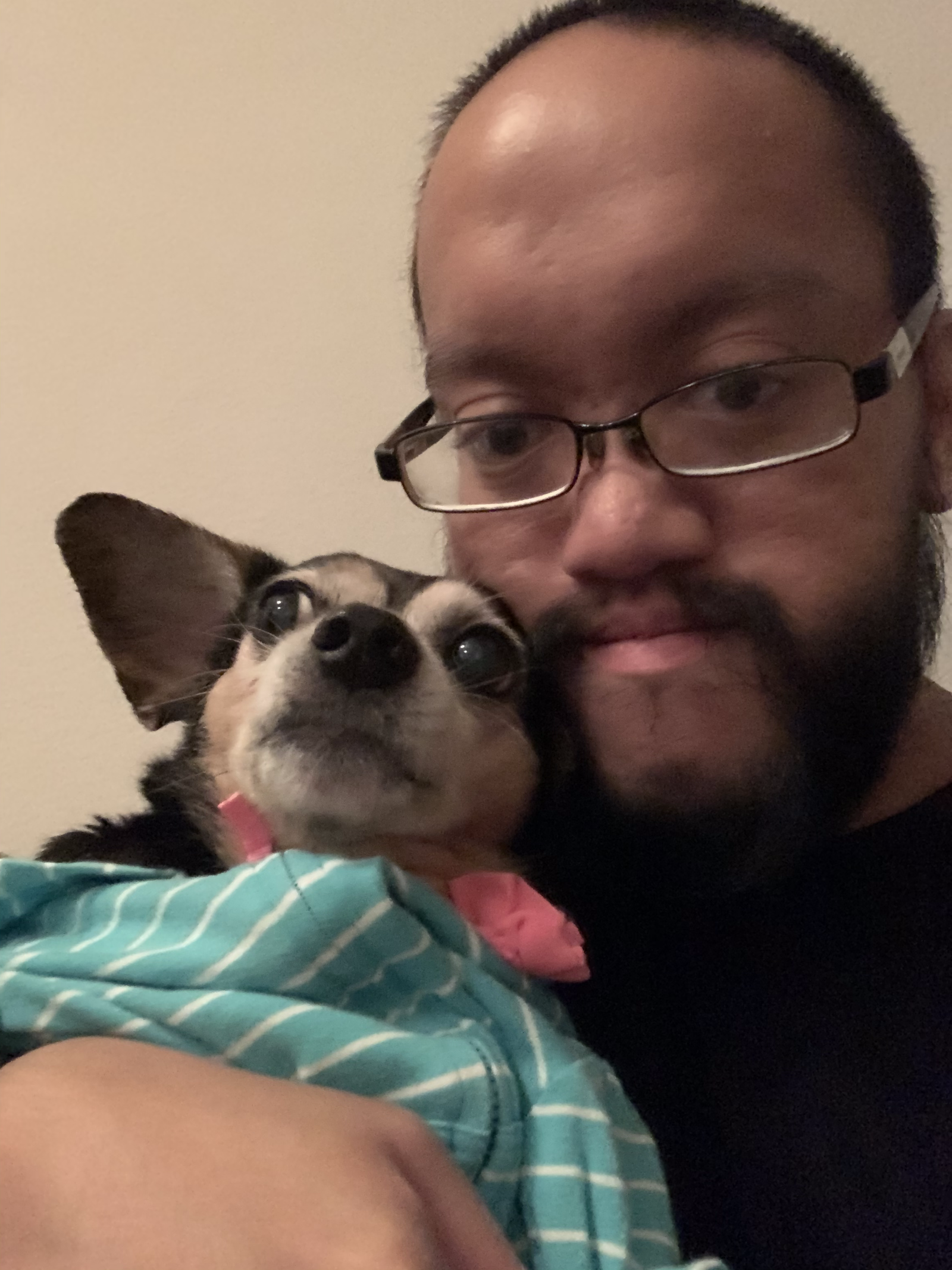 A picture of me and my dachshund-chihuahua mix Kiba.